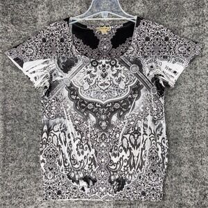 Y2K Energe World Wear Women's S Baroque Gothic Damask Rhinestone Black White Tee